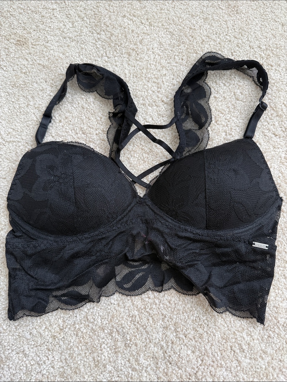 Victoria's Secret Black Lace push up Longline Bralette with Crisscross Straps